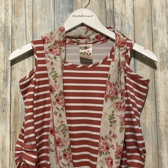 Jenna & Jessie | Girls Off the shoulder scarf attached floral striped dress - Picture 8 of 9